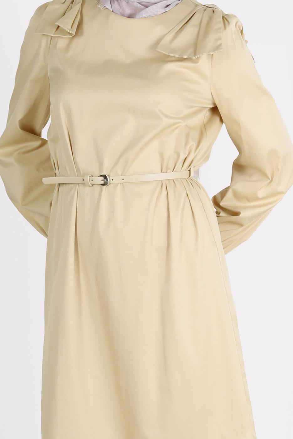 Tesettür giyim KUM ALVİNA PAMUK DOKULU KEMERLİ ELBİSE 42615