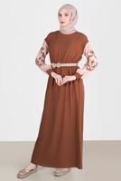 Tesettür giyim KAHVE ALVİNA NAKIŞLI ELBİSE T 42623