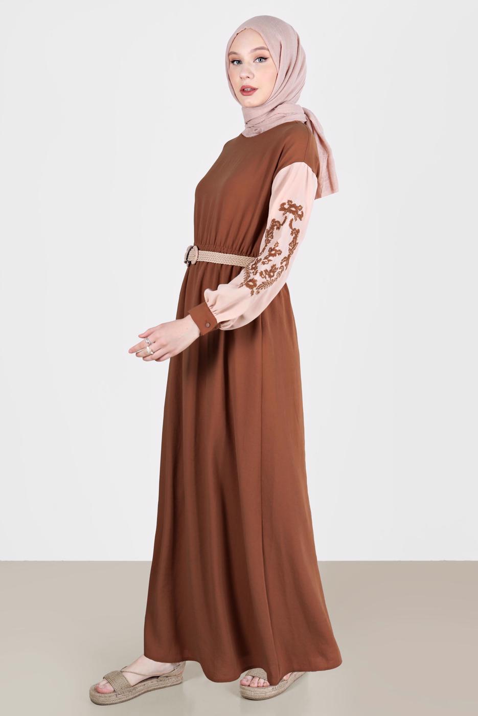 Tesettür giyim KAHVE ALVİNA NAKIŞLI ELBİSE T 42623