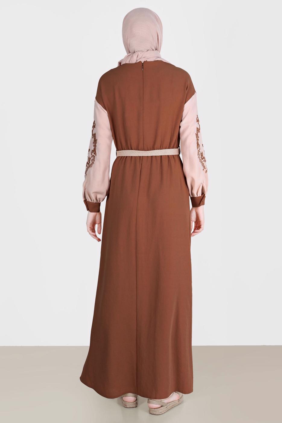 Tesettür giyim KAHVE ALVİNA NAKIŞLI ELBİSE T 42623