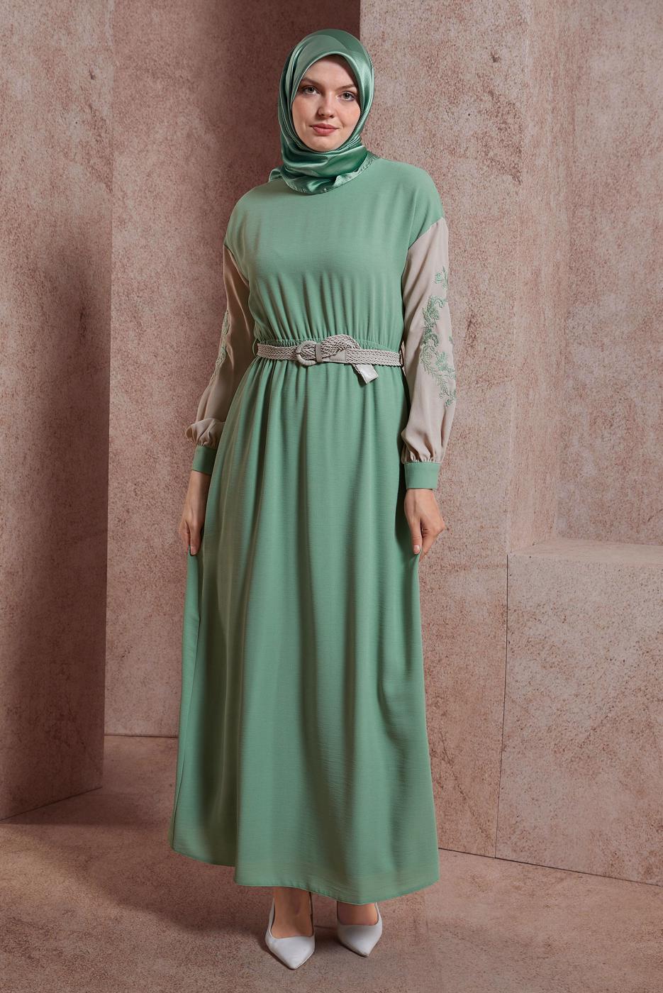Tesettür giyim YEŞİL ALVİNA NAKIŞLI ELBİSE T 42623