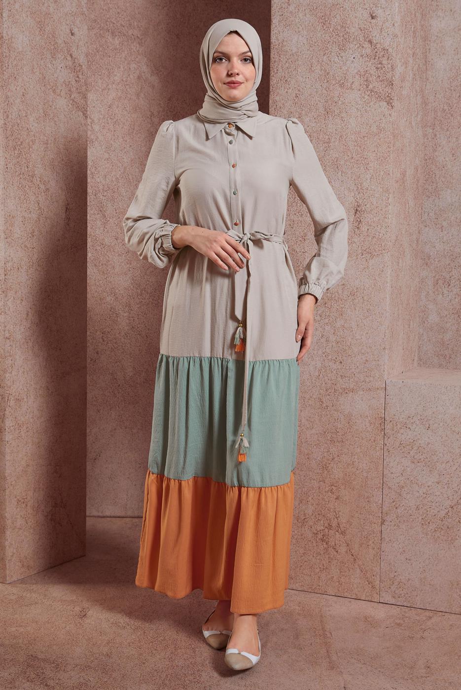 Tesettür giyim MAVİ ALVİNA ÇOK RENKLİ ELBİSE T 42625