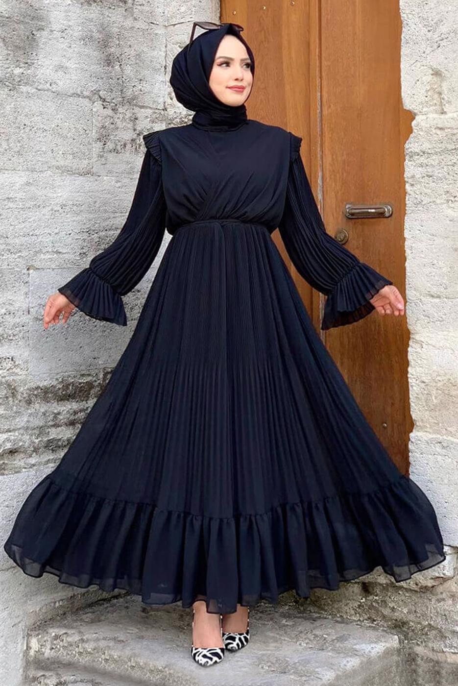 Tesettür giyim SİYAH PİLİSELİ ŞİFON ELBİSE T 4263	