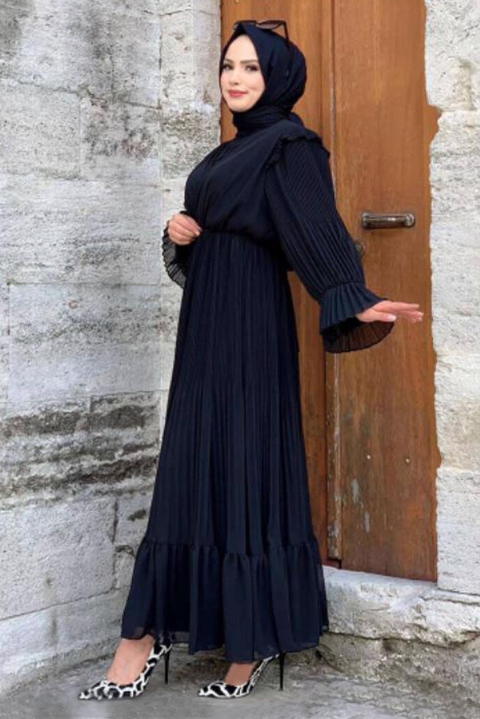 Tesettür giyim SİYAH PİLİSELİ ŞİFON ELBİSE T 4263	