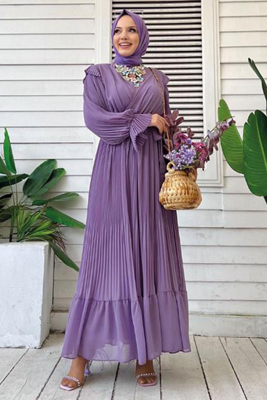 Tesettür giyim MOR PİLİSELİ ŞİFON ELBİSE T 4263	