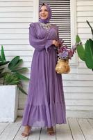 Tesettür giyim MOR PİLİSELİ ŞİFON ELBİSE T 4263	