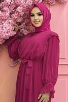 Tesettür giyim FUŞYA PİLİSELİ ŞİFON ELBİSE T 4263	