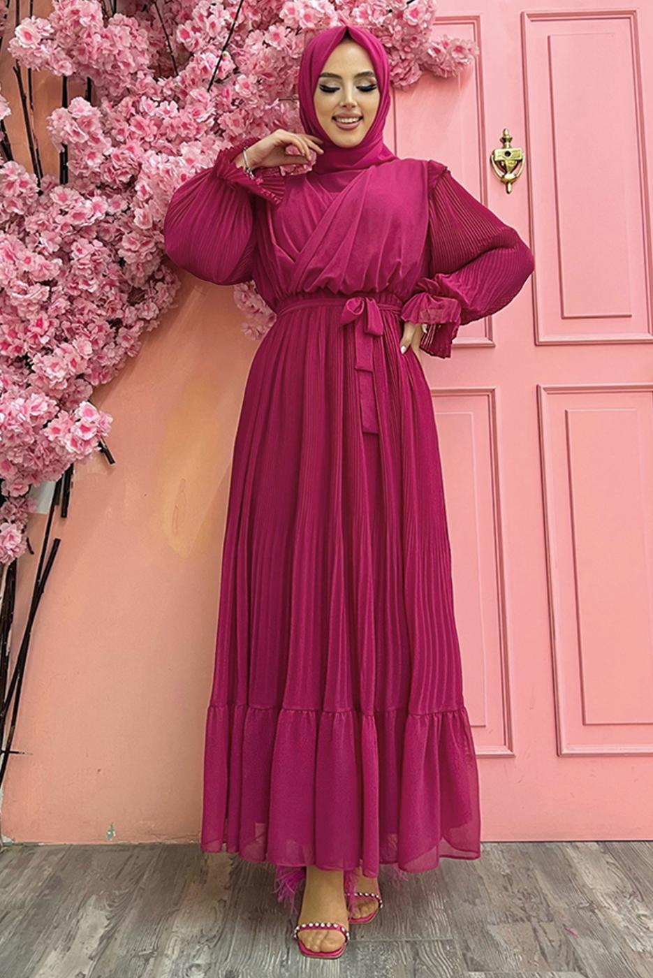 Tesettür giyim FUŞYA PİLİSELİ ŞİFON ELBİSE T 4263	