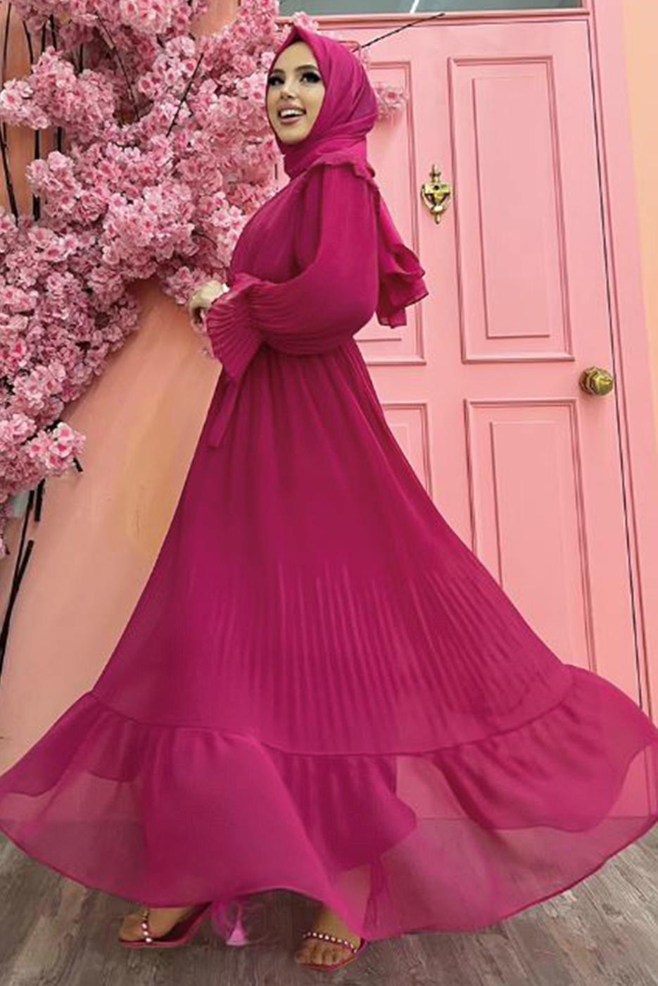 Tesettür giyim FUŞYA PİLİSELİ ŞİFON ELBİSE T 4263	