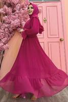 Tesettür giyim FUŞYA PİLİSELİ ŞİFON ELBİSE T 4263	