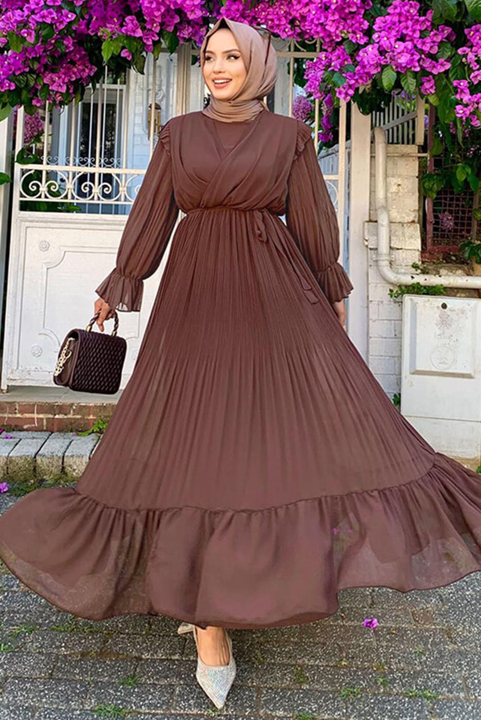 Tesettür giyim KAHVE PİLİSELİ ŞİFON ELBİSE T 4263	