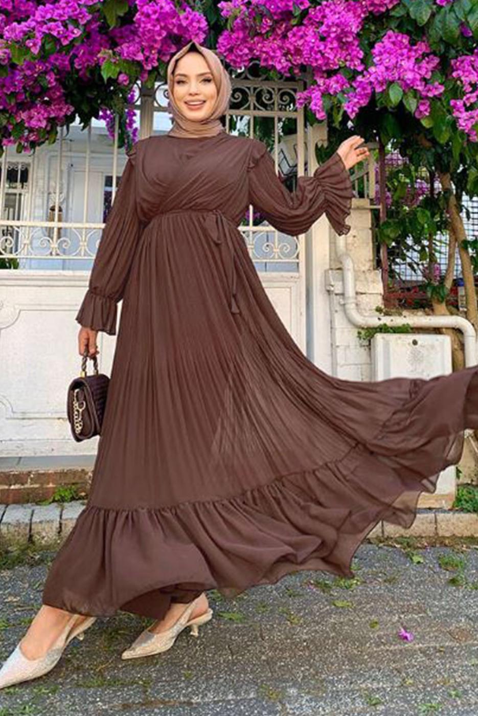 Tesettür giyim KAHVE PİLİSELİ ŞİFON ELBİSE T 4263	