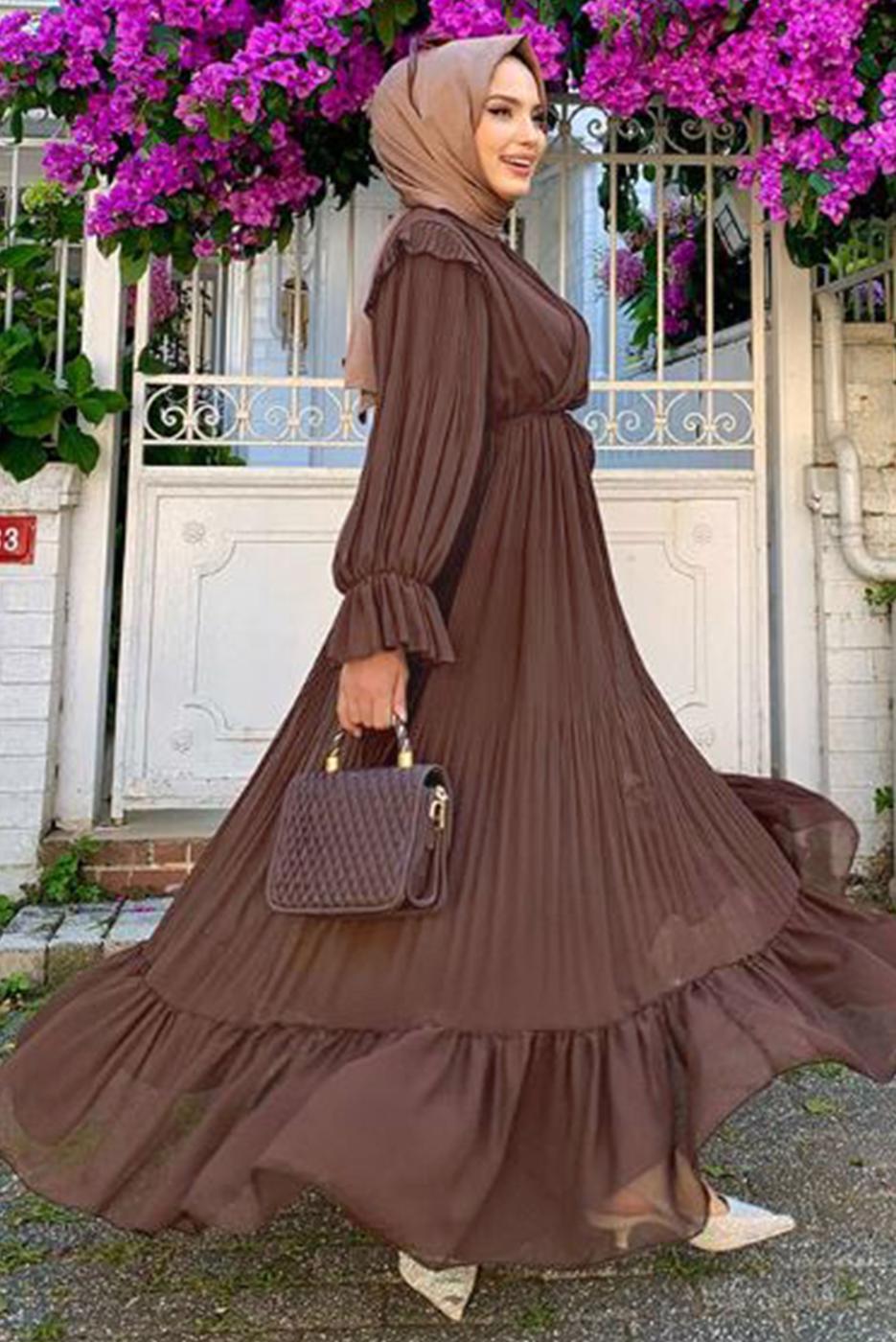 Tesettür giyim KAHVE PİLİSELİ ŞİFON ELBİSE T 4263	