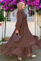 Tesettür giyim KAHVE PİLİSELİ ŞİFON ELBİSE T 4263	