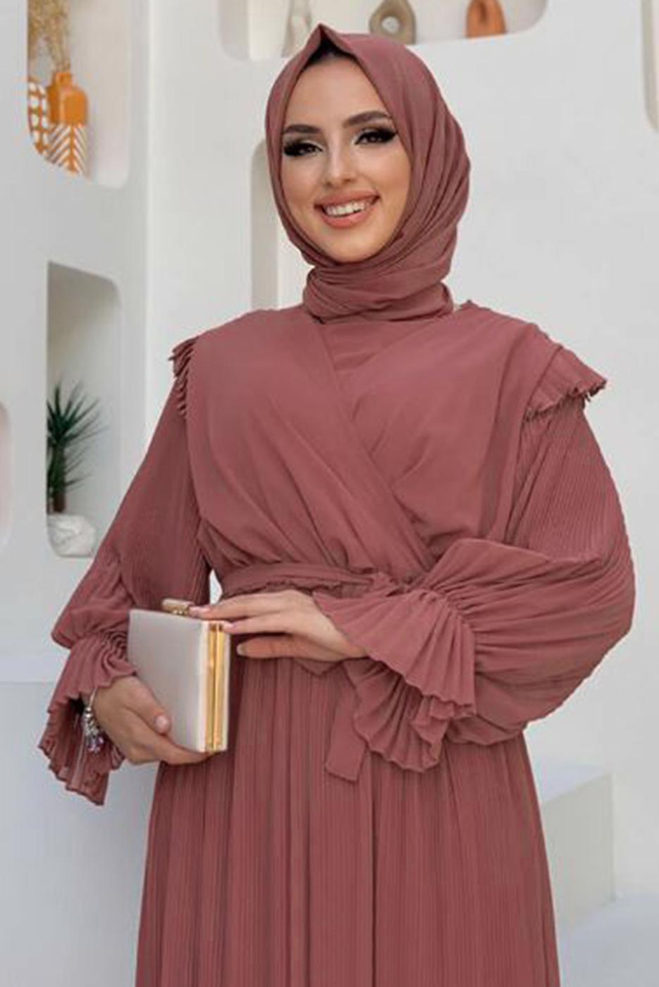 Tesettür giyim PEMBE PİLİSELİ ŞİFON ELBİSE T 4263	