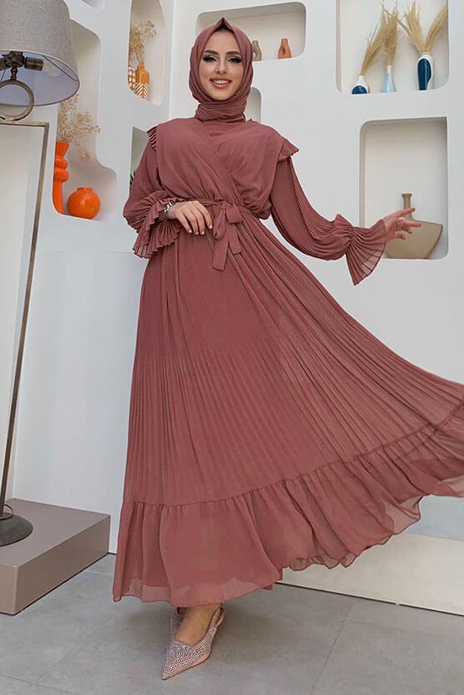 Tesettür giyim PEMBE PİLİSELİ ŞİFON ELBİSE T 4263	