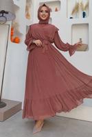 Tesettür giyim PEMBE PİLİSELİ ŞİFON ELBİSE T 4263	