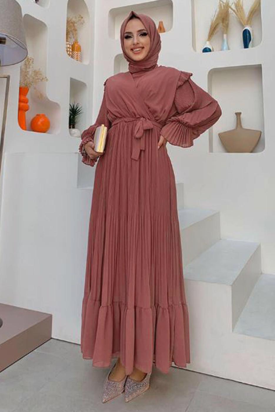 Tesettür giyim PEMBE PİLİSELİ ŞİFON ELBİSE T 4263	