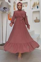 Tesettür giyim PEMBE PİLİSELİ ŞİFON ELBİSE T 4263	