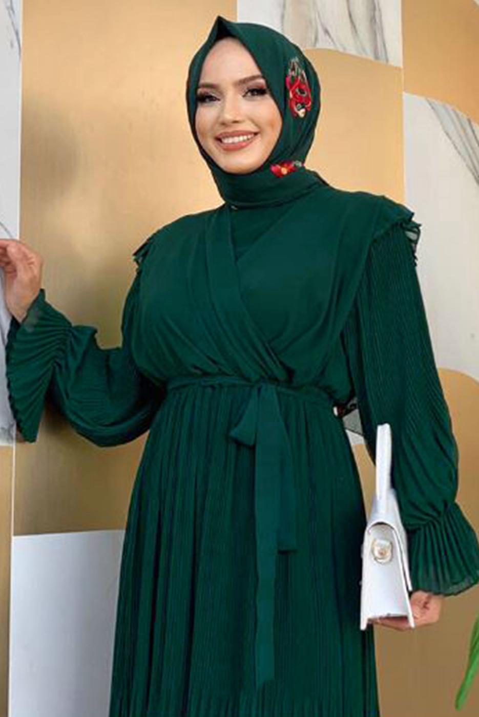 Tesettür giyim YEŞİL PİLİSELİ ŞİFON ELBİSE T 4263	