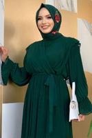 Tesettür giyim YEŞİL PİLİSELİ ŞİFON ELBİSE T 4263	