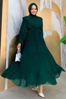 Tesettür giyim YEŞİL PİLİSELİ ŞİFON ELBİSE T 4263	