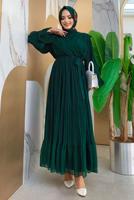 Tesettür giyim YEŞİL PİLİSELİ ŞİFON ELBİSE T 4263	