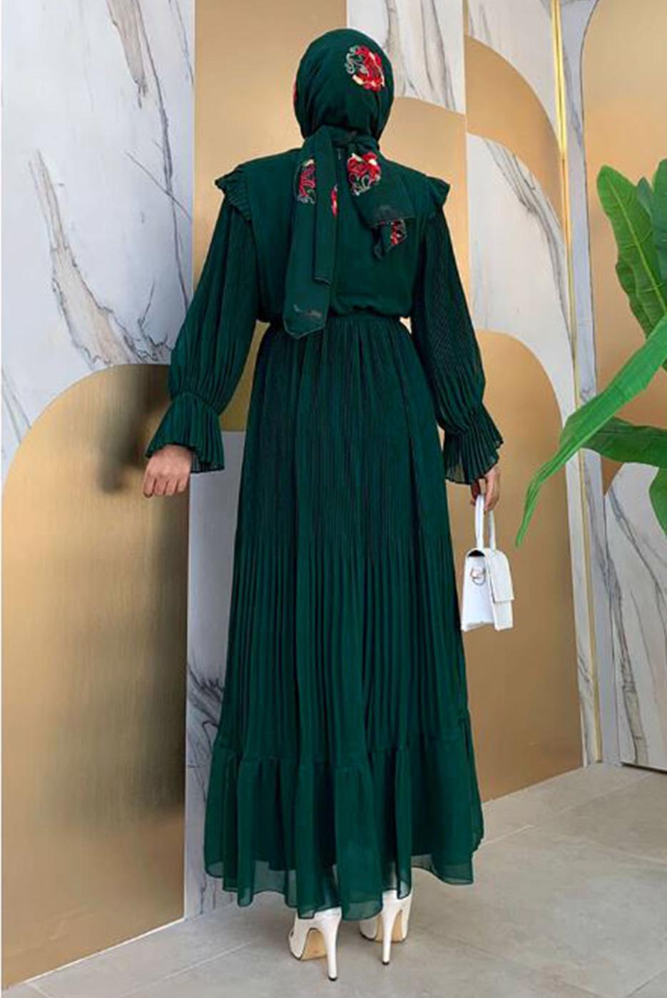 Tesettür giyim YEŞİL PİLİSELİ ŞİFON ELBİSE T 4263	