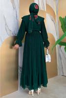 Tesettür giyim YEŞİL PİLİSELİ ŞİFON ELBİSE T 4263	