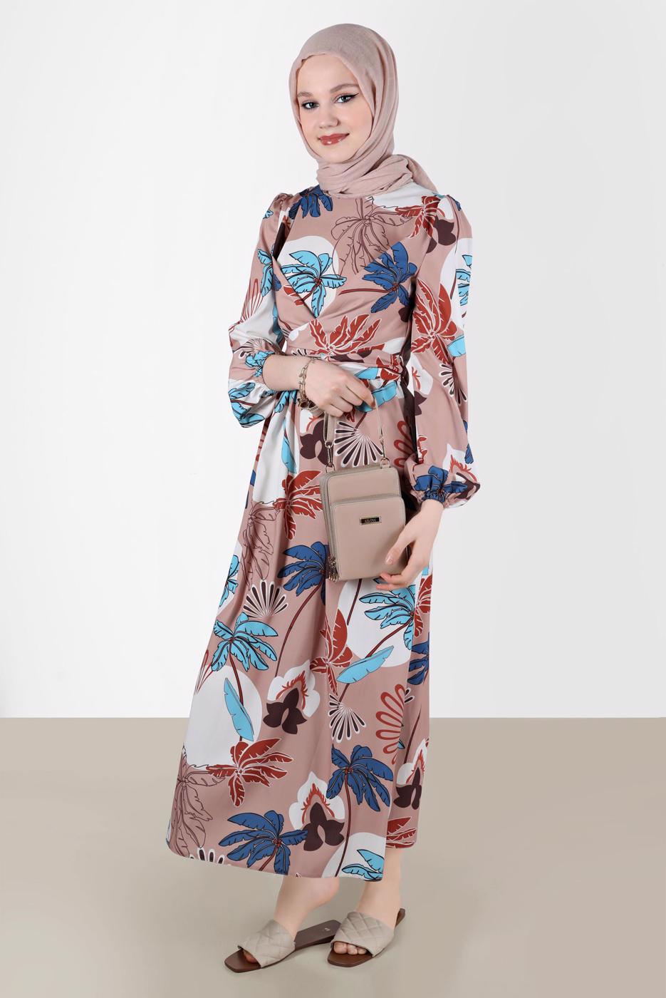 Tesettür giyim KAHVE ALVİNA DESENLİ TESETTÜR ELBİSE T 42630