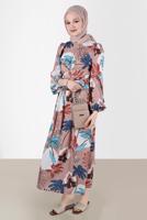 Tesettür giyim KAHVE ALVİNA DESENLİ TESETTÜR ELBİSE T 42630