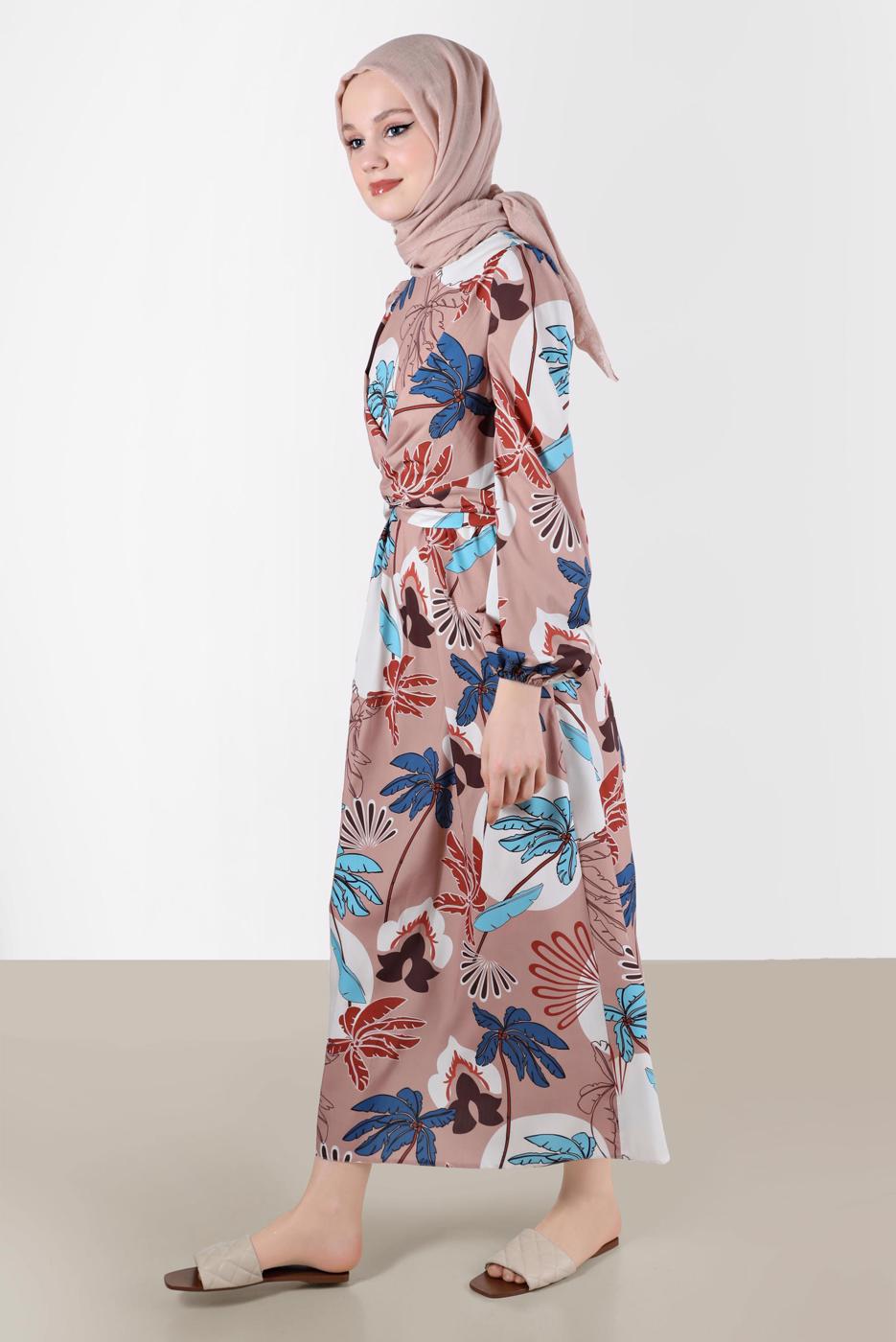 Tesettür giyim KAHVE ALVİNA DESENLİ TESETTÜR ELBİSE T 42630