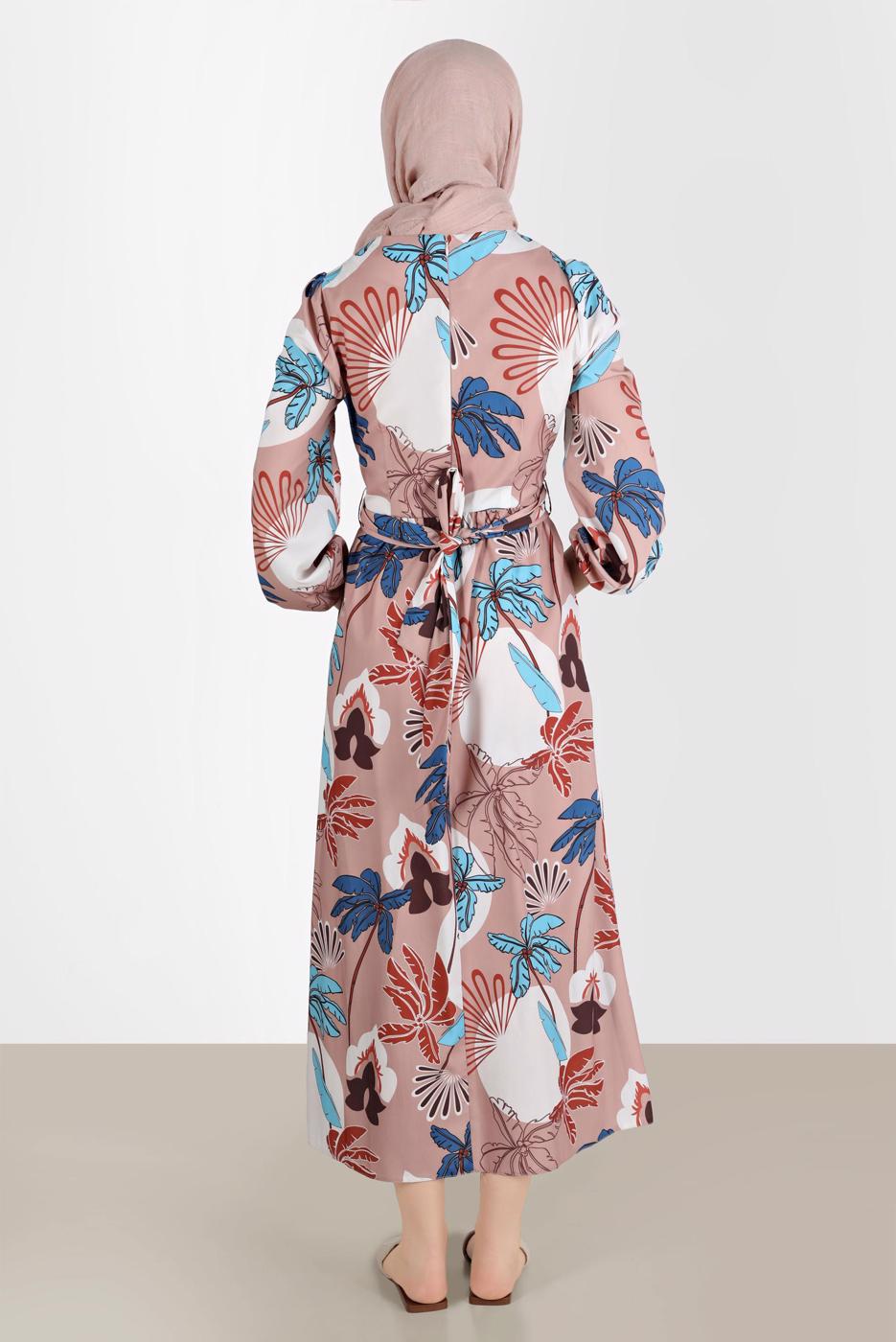 Tesettür giyim KAHVE ALVİNA DESENLİ TESETTÜR ELBİSE T 42630