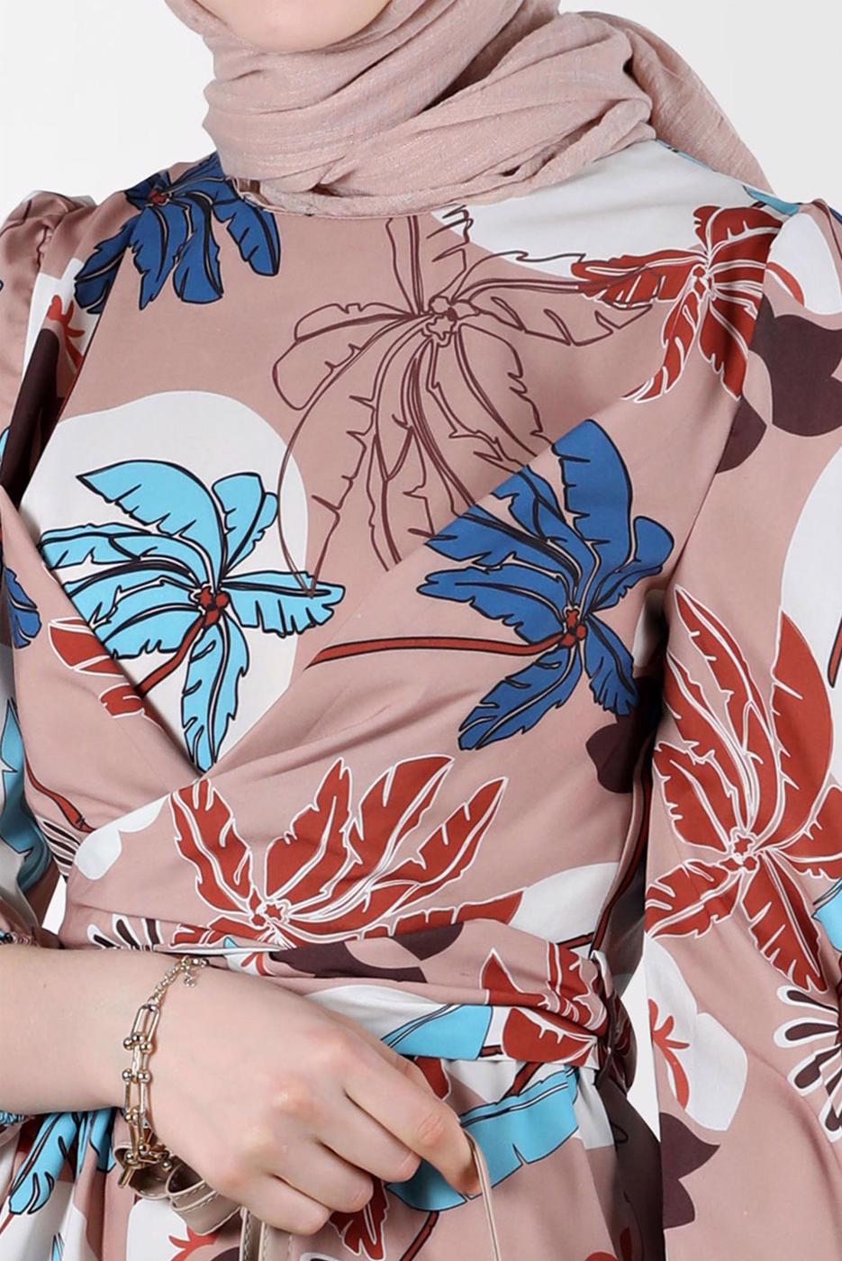 Tesettür giyim KAHVE ALVİNA DESENLİ TESETTÜR ELBİSE T 42630