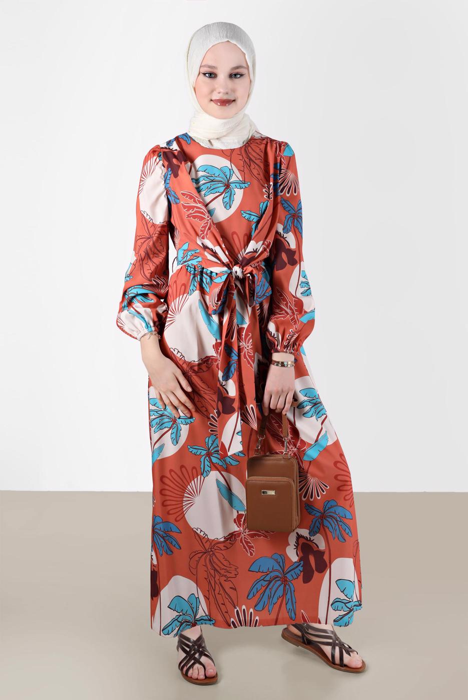 Tesettür giyim KAHVE ALVİNA DESENLİ TESETTÜR ELBİSE T 42630