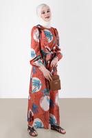 Tesettür giyim KAHVE ALVİNA DESENLİ TESETTÜR ELBİSE T 42630