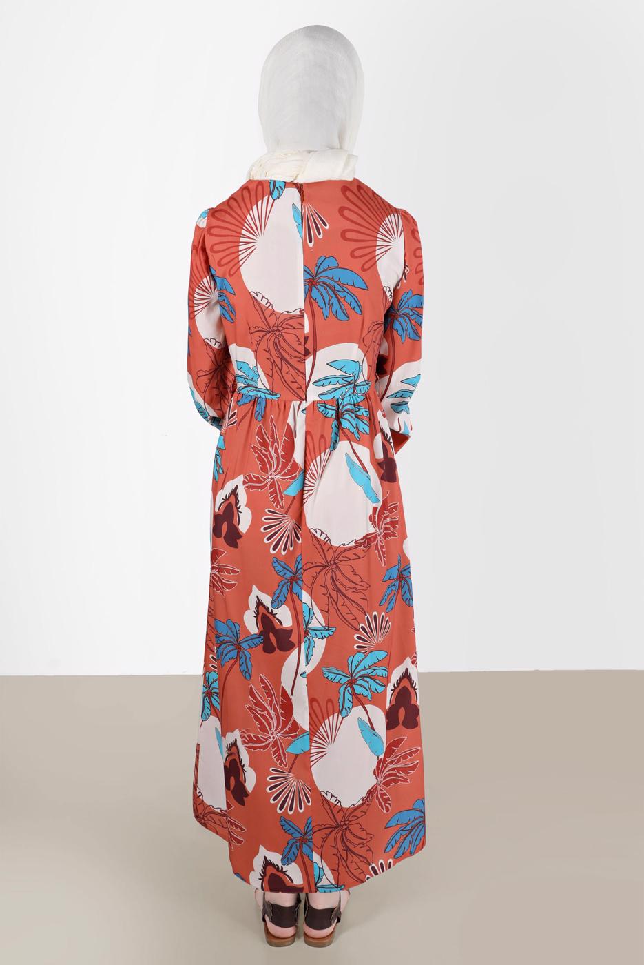 Tesettür giyim KAHVE ALVİNA DESENLİ TESETTÜR ELBİSE T 42630