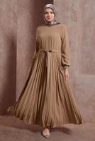 Tesettür giyim KAHVE ALVİNA PİLİSELİ KUŞAKLI ELBİSE T 42647