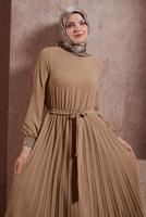 Tesettür giyim KAHVE ALVİNA PİLİSELİ KUŞAKLI ELBİSE T 42647