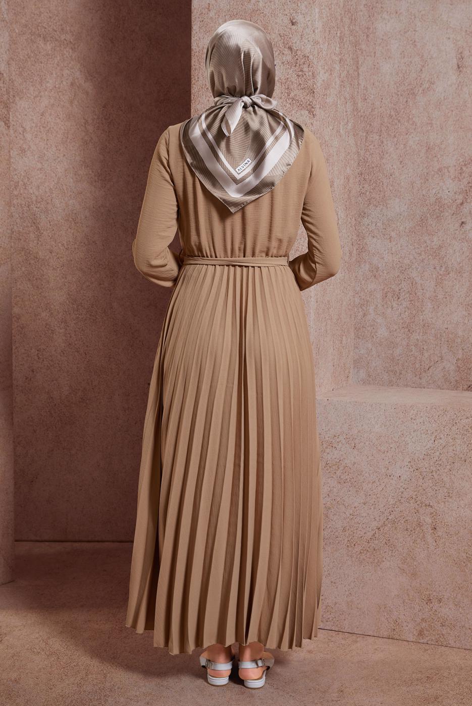 Tesettür giyim KAHVE ALVİNA PİLİSELİ KUŞAKLI ELBİSE T 42647