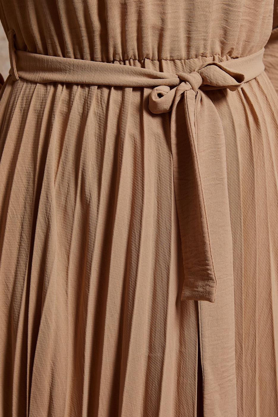 Tesettür giyim KAHVE ALVİNA PİLİSELİ KUŞAKLI ELBİSE T 42647