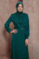Tesettür giyim YEŞİL ALVİNA SATEN DOKULU TESETTÜR ELBİSE T 42648