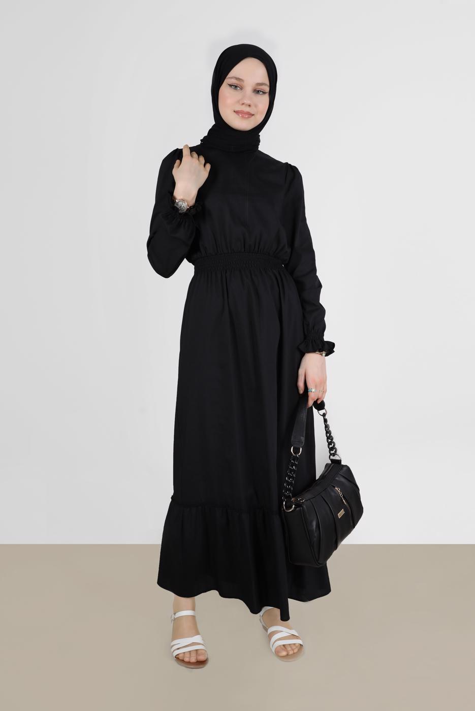 Tesettür giyim SİYAH ALVİNA PAMUKLU TESETTÜR ELBİSE T 42693