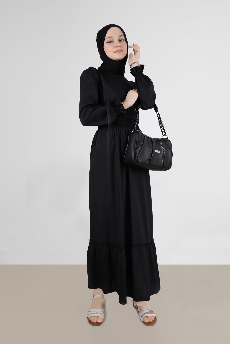 Tesettür giyim SİYAH ALVİNA PAMUKLU TESETTÜR ELBİSE T 42693