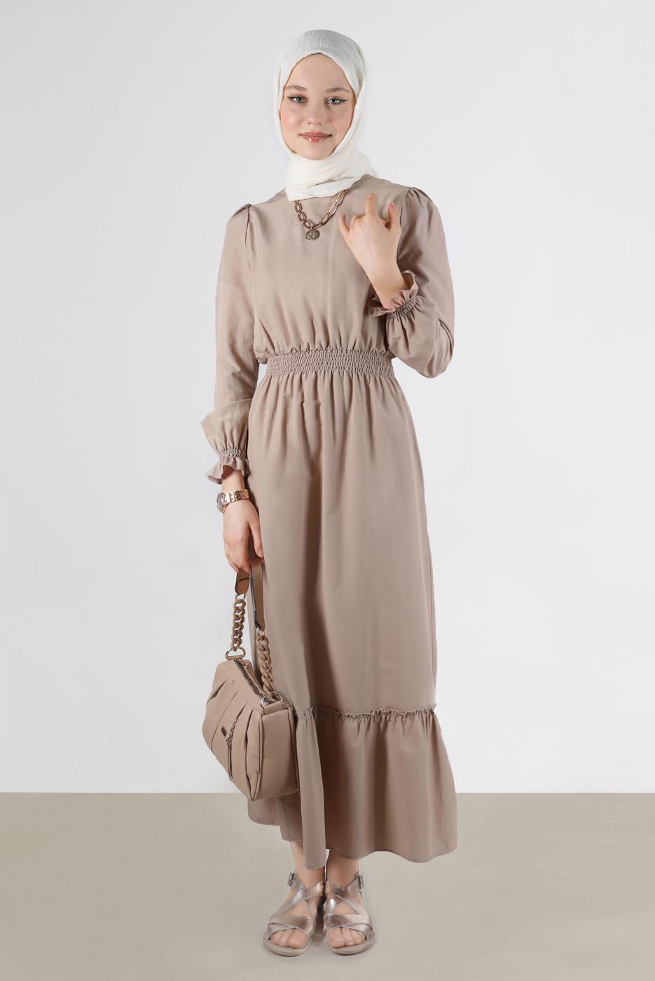 Tesettür giyim BEJ ALVİNA PAMUKLU TESETTÜR ELBİSE T 42693