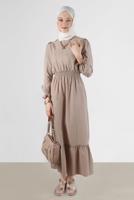 Tesettür giyim BEJ ALVİNA PAMUKLU TESETTÜR ELBİSE T 42693