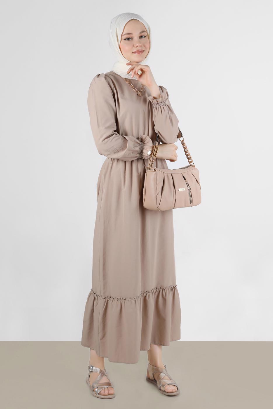 Tesettür giyim BEJ ALVİNA PAMUKLU TESETTÜR ELBİSE T 42693