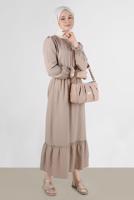 Tesettür giyim BEJ ALVİNA PAMUKLU TESETTÜR ELBİSE T 42693