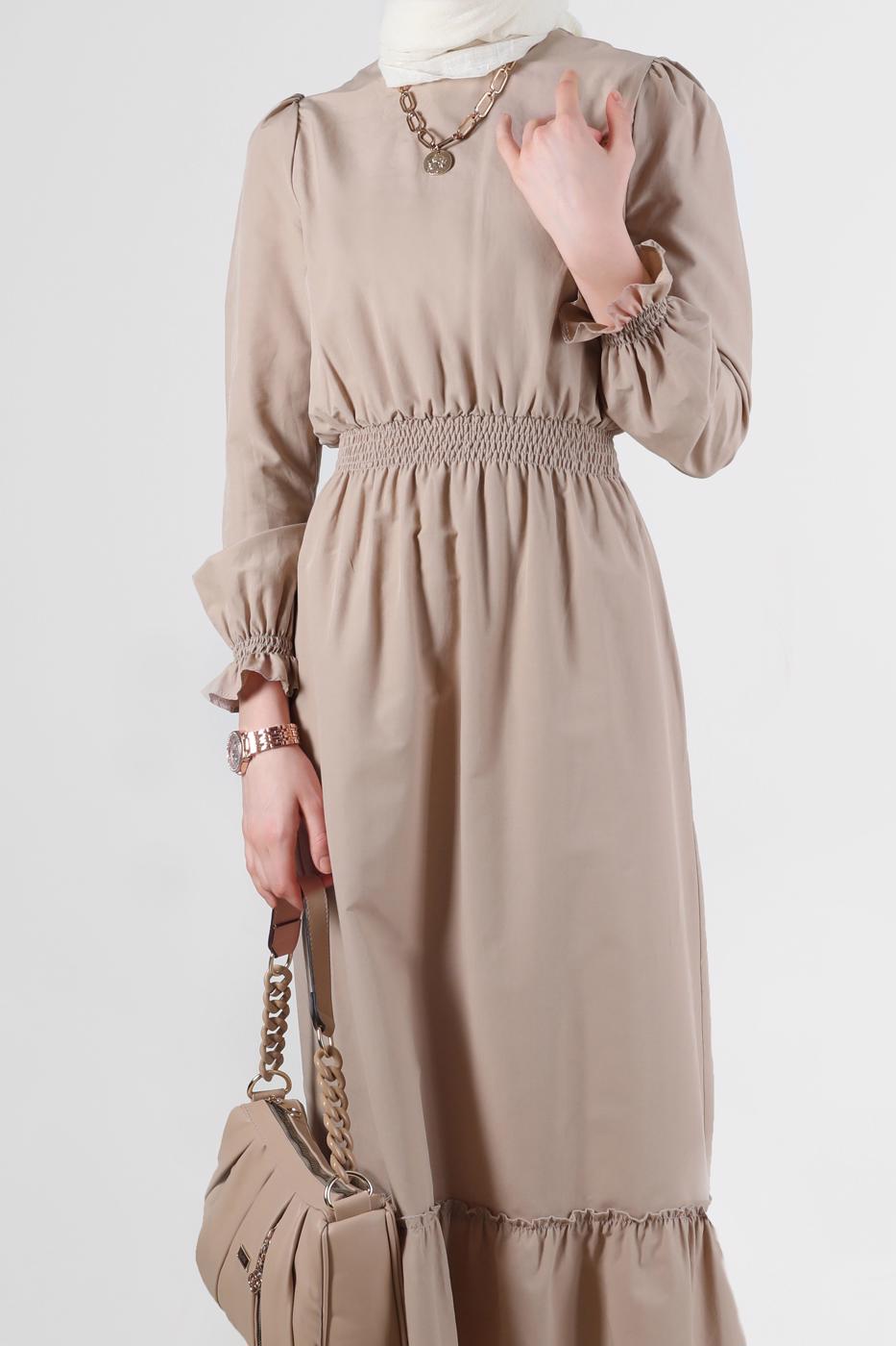 Tesettür giyim BEJ ALVİNA PAMUKLU TESETTÜR ELBİSE T 42693