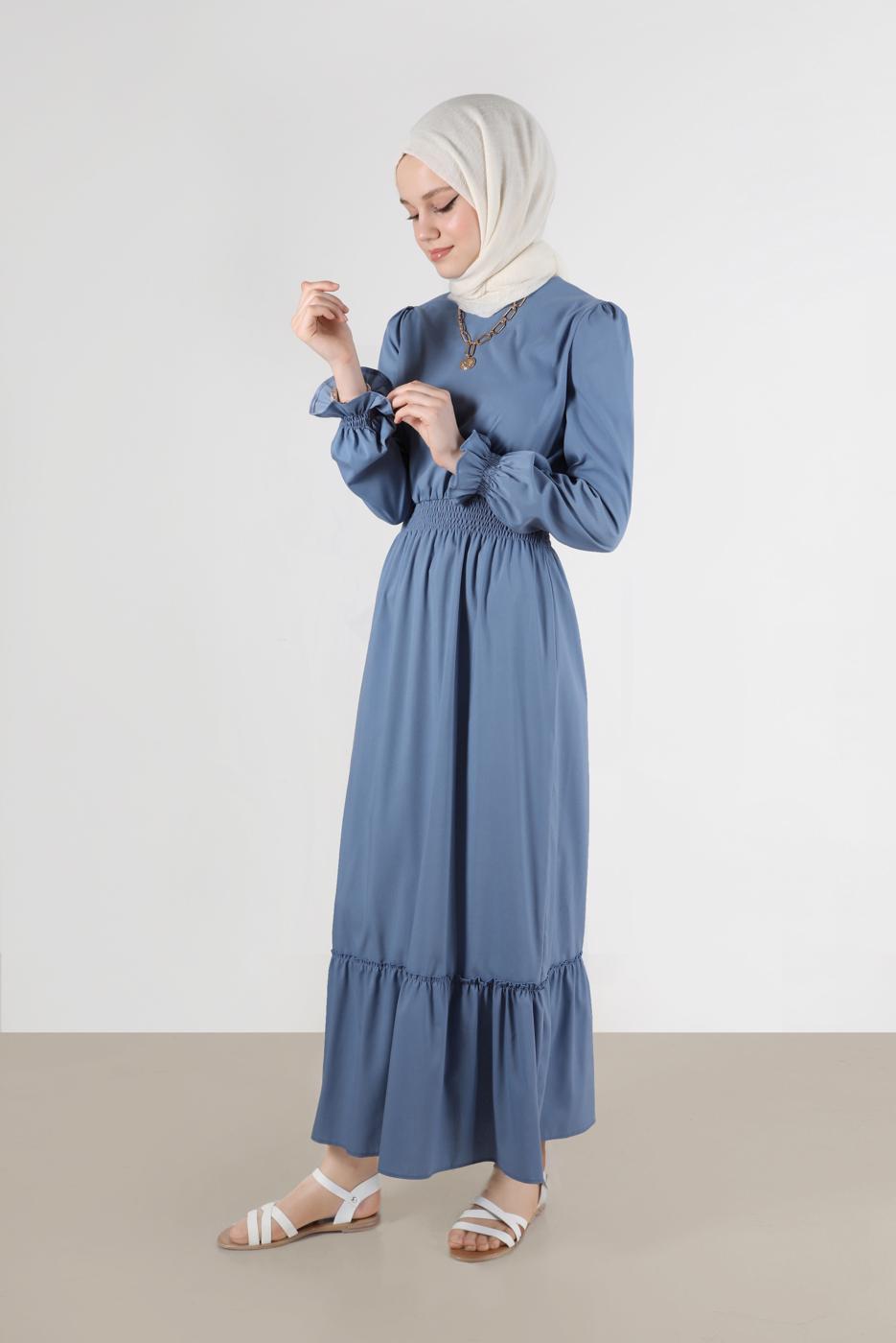 Tesettür giyim LACİVERT ALVİNA PAMUKLU TESETTÜR ELBİSE T 42693